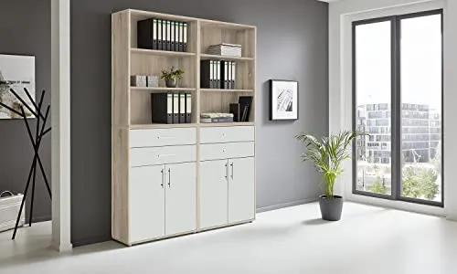 BMG Möbel Regalwand Office Edition Set 20, Eiche Sonoma / weiß matt - Aktenschrank mit modernem Design, Made in Germany und ideal zur stilvollen Aufbewahrung von Büromaterialien.