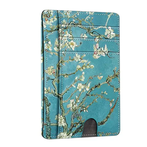 FINTIE Flache Geldbörse, Kunstleder RFID Schutz Geldbeutel Kartenetui Kreditkarten Halter mit ID-Fenster und Schnellzugriff-Fach für Herren Damen, Mandelblüten