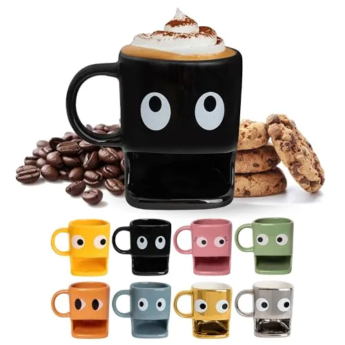 FISURA – Originelle Tasse zum Verschenken “Augen”. Schwarze Tasse mit Keksfach. Keramiktasse mit Platz für Kekse. Fassungsvermögen 240 ml, stilvolles Design.