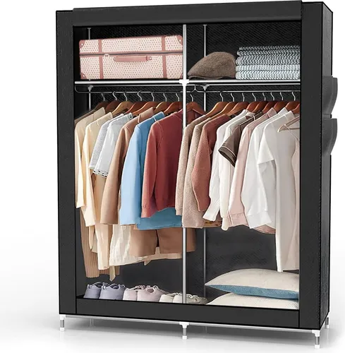 Intirilife Kleiderschrank – Faltschrank in RABEN SCHWARZ, 108x170x45 cm - Kleiderschränke mit Faltmechanismus und Kleiderstange, ideal für platzsparende Lösungen in jedem Zuhause.
