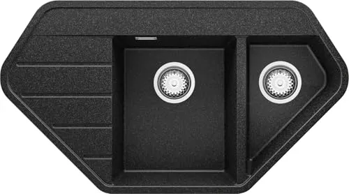 PRIMAGRAN Eckspüle Anthrazit 90x50cm, Granitspüle 1,5 Becken + Ablauf-Set, Küchenspüle ab 70er Unterschrank - Kopenhagen Corner S003