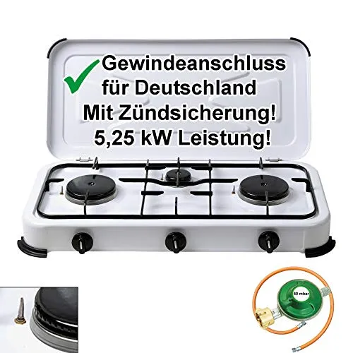 Camping Gas-Kocher 3-flammig mit Zündsicherung 50 mbar Weiss mit Gasschlauch 100cm und Gasdruckregler 50mbar