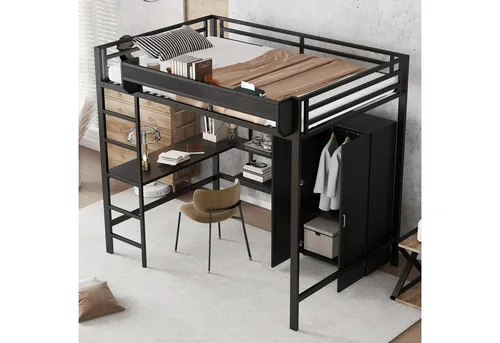 Redom Hochbett Schwarz 140x200 cm mit integriertem Schreibtisch - Platzsparendes Hochbett für Kinderzimmer in Schwarz. Mit integriertem Schreibtisch und Stauraum für eine ordentliche und funktionale Gestaltung. Robuste Konstruktion aus Eisen und MDF für langlebigen Einsatz.