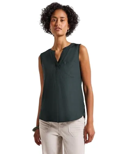 STREET ONE Damen A345868 Blusentop mit Brusttaschen - Ärmellose Bluse in Pine Grove Green, aus weicher Viskose, mit geschlitztem Ausschnitt und seitlichen Schlitzen für einen lässigen Look.