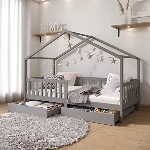 IDIMEX Kinderbett ELEA, Hausbett Montessori 90 x 200 cm - Betten: Kiefermassiv in grau, mit Roll-Lattenrost und praktischem Stauraum durch Schublade, ideal für kreative Schlafräume.