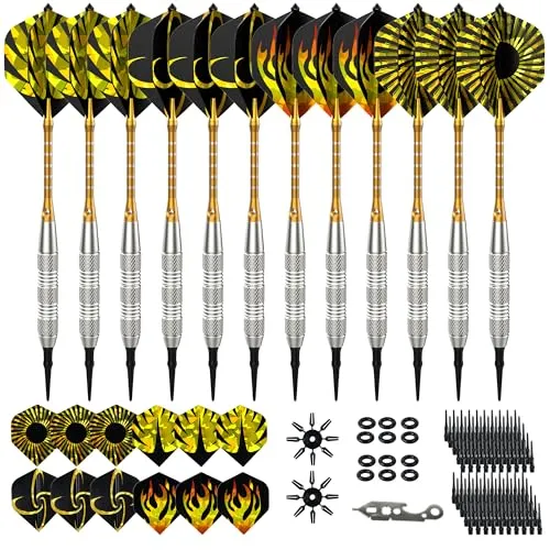 vonsera 12 Stück Dartpfeile mit Kunststoffspitze 18 g für Elektronische Dartscheibe, Softdart Set mit 24 Flights, 100 Ersatzspitzen und 2 Pcs Dartwing Protector, Dart Set Gelb