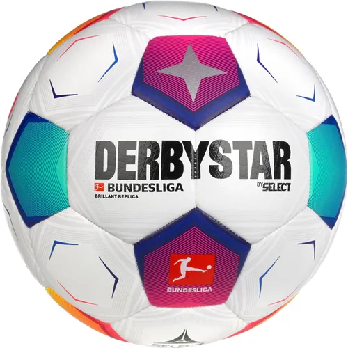 Derbystar Fussball Bundesliga Brilliant Replica v23 - Größe 5 - Freizeitball in weiß/bunt mit weichem Ballkontakt, ideal für Fans und Freizeitspieler. Offizieller Replica des Bundesliga Brillant APS 2023/24, perfekt für unbeschwerte Spiele.