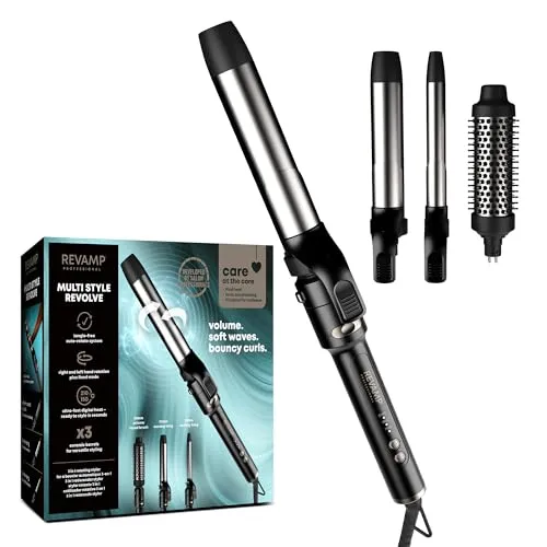 REVAMP Multi Style Revolve 3-in-1 – Automatisch rotierender Lockenstab mit 38 mm Lockenbürste, 32 mm & 19 mm Aufsatz – Multi-Styler für Volumen, sanfte Wellen & definierte Locken bei jedem Haartyp