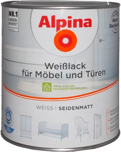 Alpina Weißlack für Möbel und Türen 2 Liter seidenmatt - 2in1 Grundierung und Lack, hohe Deckkraft und kratzfest für widerstandsfähige Oberflächen