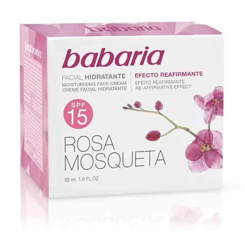 Babaria - Crema Facial Hidratante Antiarrugas, Efecto Lifting, Con Aceite de Rosa Mosqueta, Vitamina E y C, 87% Ingredientes Naturales, Vegano - 50 ml