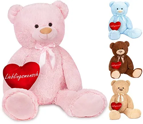 BRUBAKER XXL Teddybär 100 cm Rosa mit Herz - Stofftier & Teddybär: Flauschiger 100 cm Teddybär mit besticktem Herz-Kissen, ideal zum Kuscheln und Verschenken an besondere Menschen.