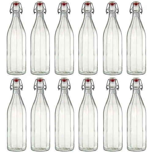 Flaschenland 12er Set 1000ml Glasflaschen mit Bügelverschluss - Weinbereitung: Hochwertige, luftdichte Bügelflaschen mit einzigartigem 10-eckigem Design – ideal für Limonade, Saft und mehr, perfekt für Zuhause oder professionellen Einsatz.