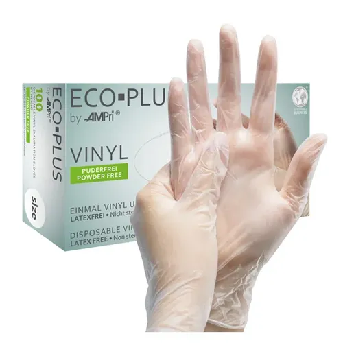 Einmalhandschuhe aus Vinyl Ampri Eco-Plus weiß M puderfrei, unsteril, beidhändig, 100 Stück/Box 01260-M