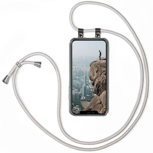 moex Handykette für iPhone 11 Pro Max Hülle mit Band abnehmbar, Handyhülle mit Kette zum Umhängen, Handyband 155 cm lang Stoff Kordel Umhängehülle, Handy Umhängeband, Silber