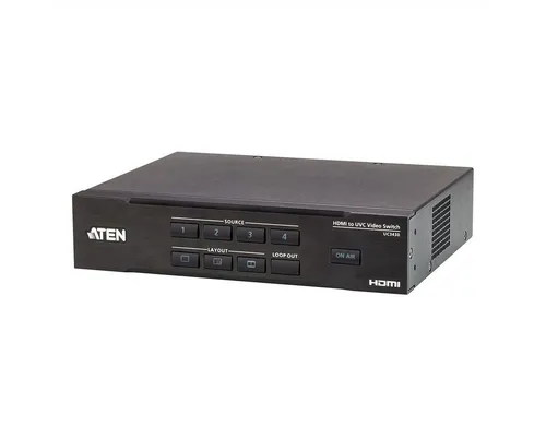 Aten UC3430 CAMLIVE PRO 4K HDMI-zu-USB-Videokreuzschiene - Audio-Adapter mit 4K @ 60 HDMI-Eingängen, ideal für professionelle Live-Übertragungen und Multicam-Streaming. Integrierter Audiomixer und vielseitige Steuerungsmöglichkeiten über App oder Drucktasten.