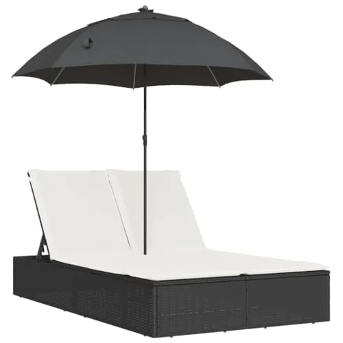 vidaXL Doppelliege mit Kissen und Sonnenschirm - Liegen für den Garten mit verstellbarer Rückenlehne und praktischem Sonnenschirm für optimalen Komfort und Schutz beim Entspannen im Freien.