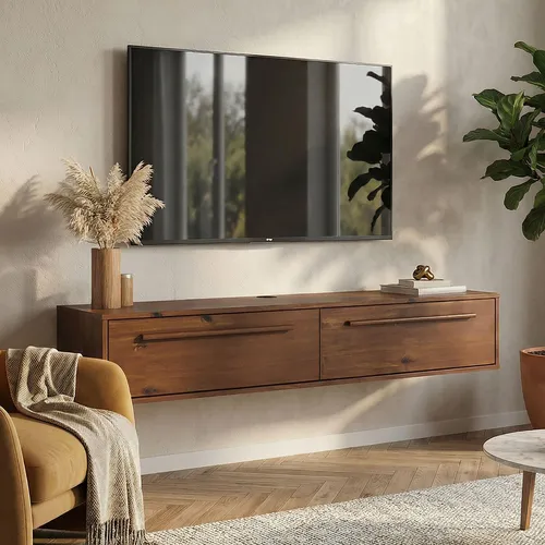IDIMEX Lowboard TECCA – Modernes hängendes TV Board aus Kiefernholz - Platzsparendes Lowboard (145 x 26 x 33 cm) aus robustem Kiefernholz mit natürlicher Kastanienfarbe. Ideal für Wohnzimmer & Flur, bietet praktischen Stauraum hinter 2 Klappen und überzeugt durch modernes Design.