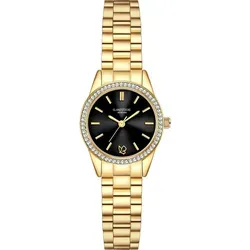 Glanzstücke München Armband-Uhr gelbgold - Elegante Damenuhr aus Edelstahl mit funkelnden Kristallen, schwarzem sunray-Zifferblatt und robustem Gliederarmband. Ideal für jeden Anlass und verleiht deinem Look Glamour.