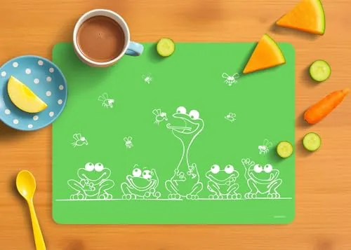 Dinomio Tischunterlage, Platzdeckchen für Schule, Platzmatte, Bastelmatte für Kinder aus Silikon - rutschfest, abwischbar, 40 x 30 cm, Frosch grün
