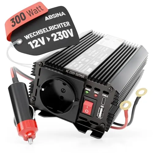 ABSINA 12V auf 230V Spannungswandler - 300W Inverter mit USB-Ausgängen - Wechselrichter für Fahrzeuge, ideal für den mobilen Einsatz von Laptops und Ladegeräten, mit hoher Effizienz von ≥85 % und automatischer Sicherheitsabschaltung bei Überlast.
