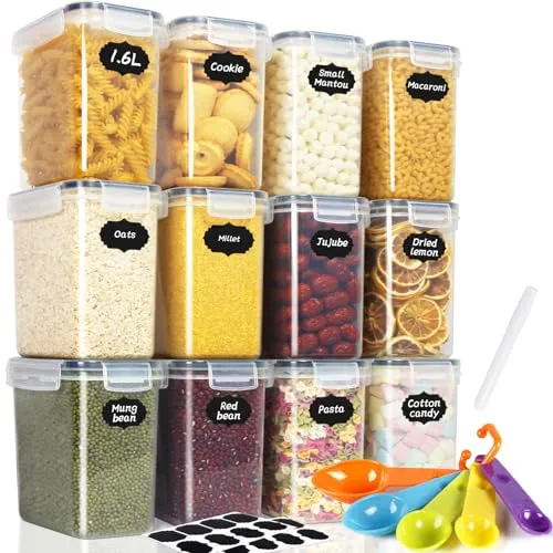 Cinnani 1.6L Vorratsdosen Set, Satz mit 12 Vorratsdosen mit Deckel Luftdicht, Müsli Schüttdose & Frischhaltedosen, BPA frei Aufbewahrungsbox Küche zur Aufbewahrung von Nudeln, Müsli, Reis, Mehl
