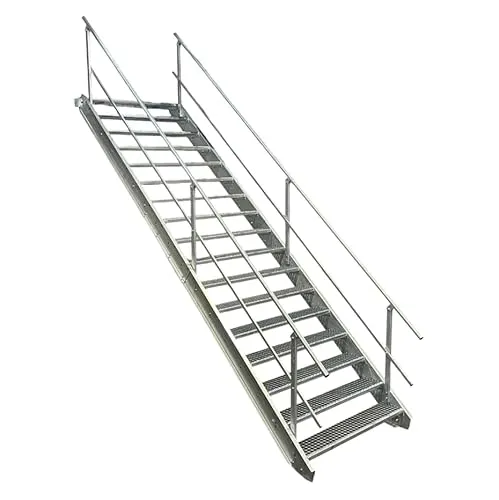 Stufen Stahltreppe mit beidseitigem Geländer/Breite 90cm Geschosshöhe 282-350cm / Robuste Außentreppe/Wangentreppe/Stabile Industrietreppe für den Außenbereich/Inklusive Zubehör 17