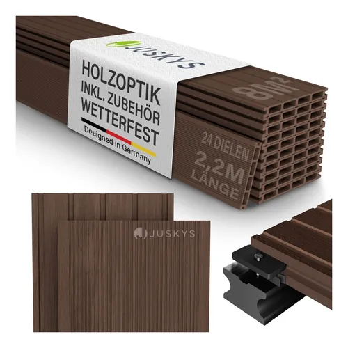 Juskys WPC Terrassendielen 8 m² - Wetterfeste Dielen in Braun - Verwandle deinen Garten in eine Oase der Entspannung! Diese WPC-Terrassendielen bieten die perfekte Kombination aus natürlicher Holzoptik und hoher Langlebigkeit. Ideal für eine ansprechende und pflegeleichte Terrasse.