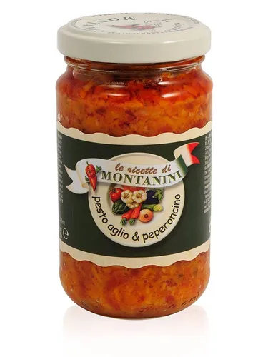 Montanini Pesto Nudelsoße mit Knoblauch und scharfer Paprika Pasta 190g
