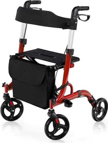 COSTWAY Rollator faltbar und leicht mit Sitz, medizinischer Gehhilfe aus Aluminiumlegierung mit höhenverstellbaren Griffen, Reiserollator max. 150kg für Draußen