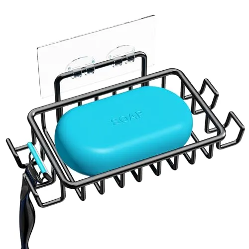 Edelstahl Seifenhalter, Seifenschale Ohne Bohren mit 4 Haken & Ablauf, Selbstklebend Seifenablage für Dusche, Badezimmer, (Schwarz)