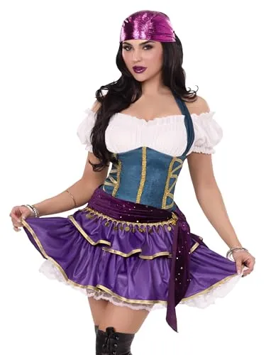 Leg Avenue 2-teiliges Tarotkarten-Kostüm für Damen, Mehrfarbig, S - Mystisches Wahrsagerin-Kostüm mit schulterfreiem Top und glitzerndem Rock. Ideal für Fasching und Mottopartys. Aus 100% Polyethylen für optimalen Tragekomfort.