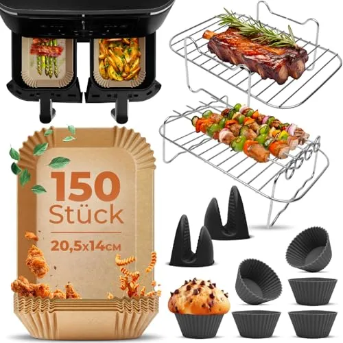 Fentic Heißluftfritteuse Zubehör – Ninja Heißluftfritteuse Zubehör – Geeignet für Ninja Foodi Max Dual Zone AF300EU AF400EU – Von 7,6L bis 9,5L – Inklusive Backpapier und E-Rezeptbuch