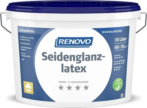 Renovo Seidenglanzlatex Weiß 10 Ltr. Latexfarbe - Farben: Hochdeckende Profi-Latexfarbe für Innenräume, extrem strapazierfähig und reinigungsfähig – ideal für Wände mit starker Beanspruchung.