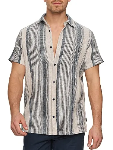 Indicode Herren INCosby Kurzarmhemd mit Button-Down-Kragen - Herrenhemd in Beige, gestreift, aus leicht strukturiertem Stoff für optimalen Tragekomfort - ideal für warme Tage und lässige Anlässe.