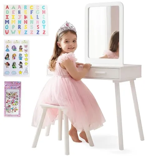 Kinder Schminktisch ab 3 Jahren mit Spiegel & Hocker – Kinderschminktisch aus Holz für Mädchen, Frisiertisch mit Schubladen & Stickern, Geschenk für Kinderzimmer
