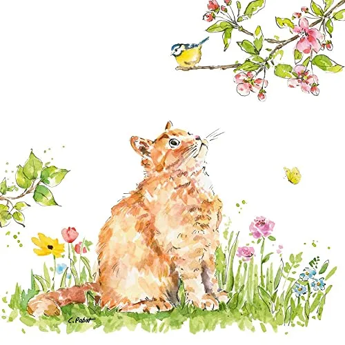 Servietten Cat & Bird Katze Blaumeise Tiere Blumen Sommer Haustiere Tischdeko 20