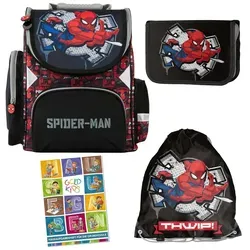 Spider-Man Schulranzen Set für Kinder - 4-teiliges Rucksackset - Schulranzen Set für Jungen und Mädchen mit ergonomischem Design, inklusive hochwertigem Federmäppchen, Schuhbeutel und Hausaufgabenheft - ideal für kleine Spider-Man Fans!