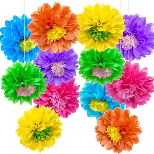 YBwanli 13 Stück Papierblumen pompons deko, bunt sommer deko, papierblumen zum aufhängen, für Geburtstagsdeko, hawaii party deko, Fasching Deko