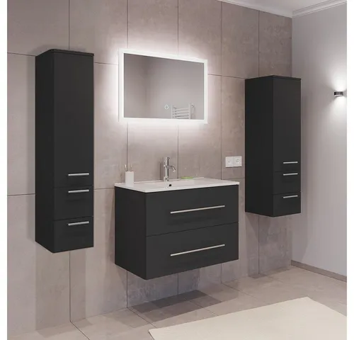 Lomadox Badmöbel-Set HARLINGEN-02, (Spar-Set, 3-St., Waschtisch LED Spiegel Hochschränke), grau, viel Stauraum, LED Touch-Bedienung