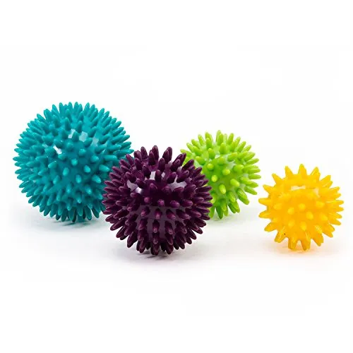 Noppenball-Set, 4 Igelbälle: 5 cm safran / 6 cm lime / 7 cm aubergine / 8 cm petrol, Massageball für Selbstmassage, Reha & Fitness, Reflexzonen - auch als Set verfügbar