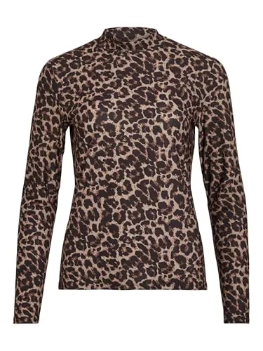 Vila VILEOA L/S Rollneck Top - Hochgeschlossenes T-Shirt in Braun/Schwarz - Shirts aus schnell trocknendem Jersey, ideal für Alltag und Freizeit, in regulärer Passform für optimalen Tragekomfort.