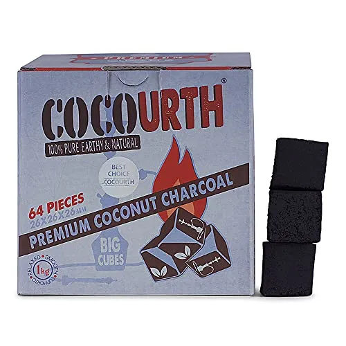 Hookah Natürliche Kokosnuss-Kohle, 64 Stück, große Würfel Coco Urth, 1 Kilo, Shishakohle