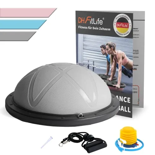 DH-FitLife Balance-Ball Yoga, grau, Ø 60cm - Balanceboard für vielseitige Übungen, beidseitig nutzbar mit Anti-Rutsch-Design, inklusive Luftpumpe und Fitnessbändern für effektives Training.