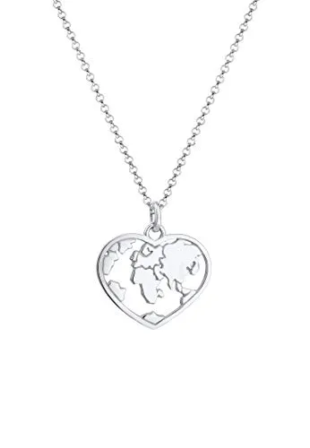 Elli Halskette Damen mit Herz-Anhänger Globus aus 925 Sterling Silber - Ketten für Damen - Wunderschöne 60cm lange Halskette mit handgefertigtem Herz-Anhänger in Form einer Weltkugel, ideal als Geschenk für besondere Anlässe.