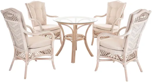 Set/5 Rattan Wintergartenset Orleans - Vintage Weiss - Sofas & Sessel, stilvolle Rattangruppe mit abnehmbaren Sitzkissen, ideal für Wintergarten und Lounge, bietet Platz für 4 Personen.