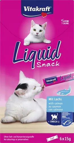 Vitakraft Liquid Snack - Katzensnack flüssig mit MSC-Lachs, kalorienarm und reich an Omega-3 für gesunde Haut und glänzendes Fell, 6 Stück