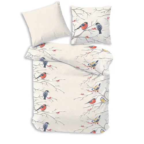 Träumschön Biber Bettwäsche Set 2tlg – Flauschige Winterbettwäsche mit Vögel Motiv - Bettwäsche-Sets aus 100% Baumwolle, atmungsaktiv und hautfreundlich. Flauschige Flanell-Oberfläche für erholsamen Schlaf und stilvolle Akzente in Ihrem Schlafzimmer.