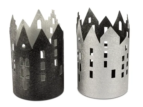 2x Windlicht Haus | Teelichthalter Teelichtleuchte schwarz silber Teelicht 10 cm