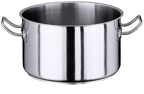 Contacto Kochtopf, niedrig 18 cm - Kochtopf aus hochwertigem Edelstahl 18/10, matt poliert, mit Kaltgriffen und Schüttrand, ideal für induktionsgeeignetes Kochen und schwere Qualität für optimale Wärmeverteilung.