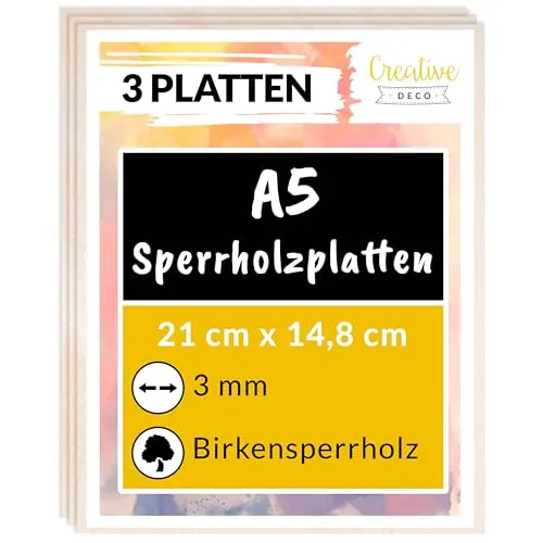 Creative Deco 3 x A5 Sperrholzplatte 3mm | 148 x 210 (+/- 2) mm | Birkensperrholz Dünne holz-Zuschnitte | Perfektes Blatt für Laubsäge, Brandmalerei, Laserschnitt, CNC Router, Durchbrochenes